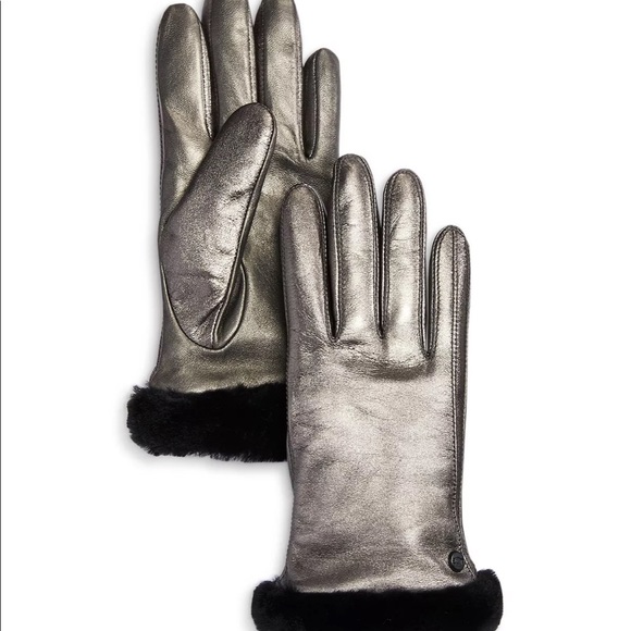 NWT UGG Silver Leather Gloves with Shearling Cuff - Picture 3 of 7